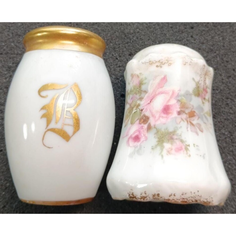O&EG Austria Porcelain Shakers Hand Painted Floral Gold Mismatched Set